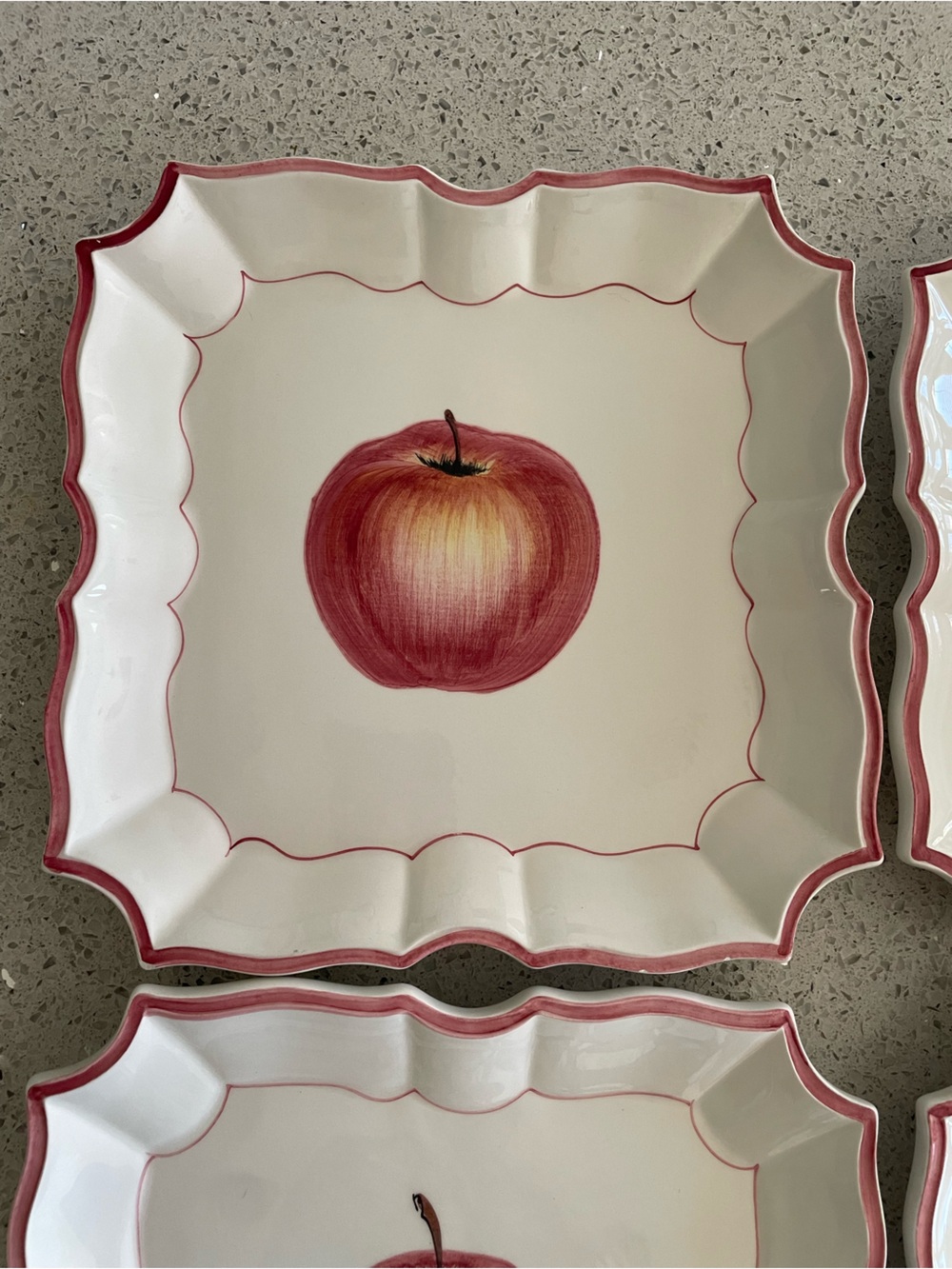 Vietri Dessert Plates or wall decor of disappearing Red Apple Motif and Red Trim - Picture 2 of 10
